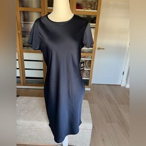 Express Navy Short-Sleeve Midi Sheath Satin Dress